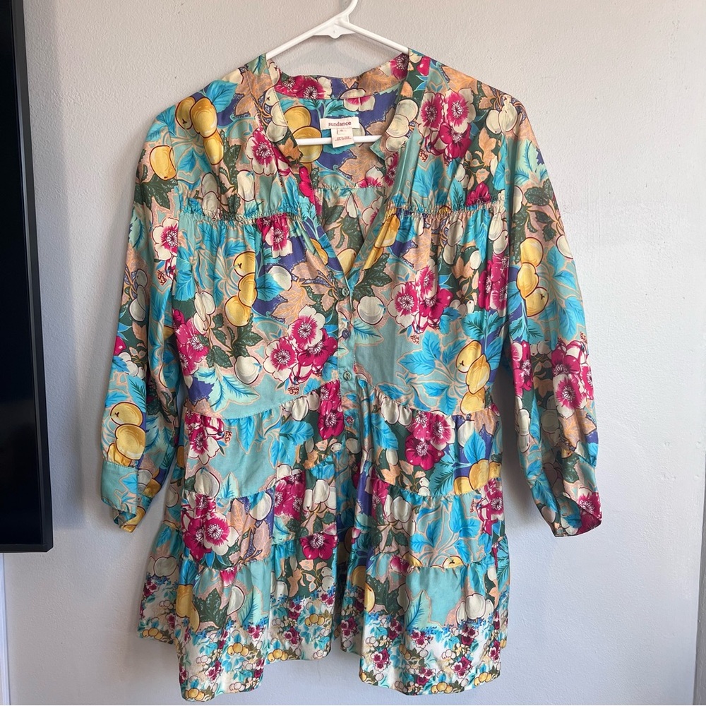 Sundance Printed Floral Silk Blouse‎ Blue S